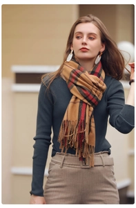 Detailed view of classic khaki plaid scarf with thick fringe and soft cashmere texture