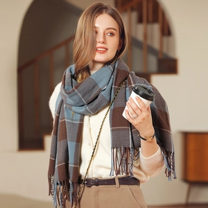 Women's plaid tassel scarf in blue brown grey knit, autumn winter warm style