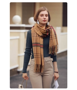 Classic camel checkered scarf with tassels worn with a green knit top in a street setting