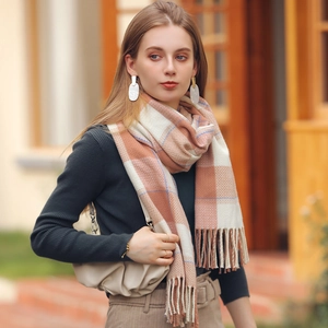 Plaid cashmere-like scarf with fringe tassels in beige and orange for autumn and winter