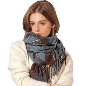 Winter plaid scarf with tassels in blue and brown color block for women