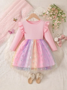 Vestito da Principessa a Maniche Lunghe per Bambina Arcobaleno Sfumato Tulle Stampa Farfalla Volant Misto Cotone Tutu Autunno