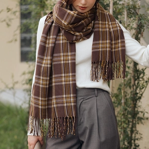 Women's plaid cashmere scarf with soft yellow brown lines and fringe tassels