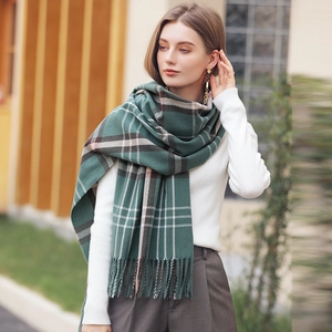 Plaid checkered scarf with fringes in green and pink, cozy autumn winter neck warmer wrap