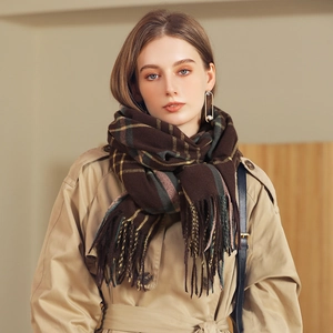 Classic plaid scarf in dark brown and forest green with fringes for winter warmth