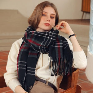 Classic plaid scarf with fringes in black and red check pattern for women's winter fashion