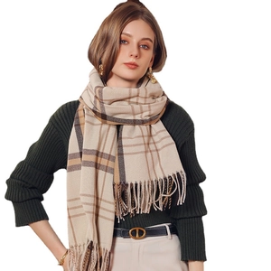 Warm beige striped plaid scarf with elegant tassels and cashmere-like texture for women