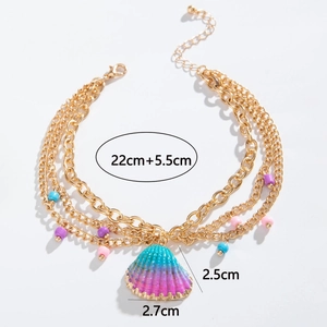 Three-layer gold anklet detail with colorful beads and gradient shell pendant dimensions
