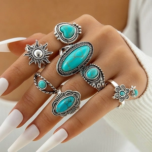 Bohemian Vintage Turquoise Rings Alloy Retro Silver Sun Heart Flower Geometric Ethnic Style For Women