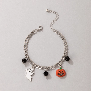 Halloween charm bracelet with silver chain, orange pumpkin, white ghost, and black beads