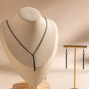 Minimalist black geometric jewelry set with rectangular pendant necklace and drop earrings