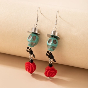 Boucles d'oreilles tête de mort gothiques avec rose rouge et nœud noir, bijoux festifs