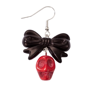 Boucle d'oreille punk gothique avec nœud noir et pendentif crâne rouge pour Halloween