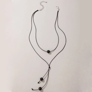 Minimalist double-layered black cord Y-necklace with three round beads and silver clasp
