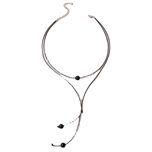 Minimalist black layered cord choker with beaded Y-drop pendant and adjustable chain