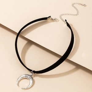 Detail of black suede choker with silver horn pendant and adjustable lobster clasp