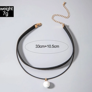 Detail view of double-layer black choker with white pearl pendant and size measurements
