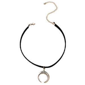 Minimalist black choker necklace with silver horn crescent pendant and geometric pattern
