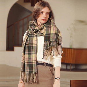 Plaid cashmere-feel winter scarf for women featuring a green and brown checkered pattern