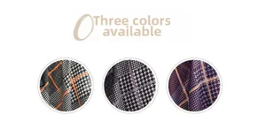 Detailed close-up of houndstooth silk scarves in three colors with fashion lettering