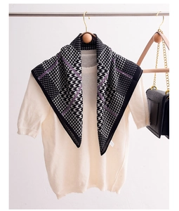Fashionable black and white houndstooth silk scarf with elegant lavender border detail