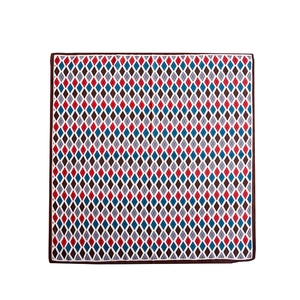 Square silk scarf featuring a vibrant retro harlequin diamond pattern in red and blue