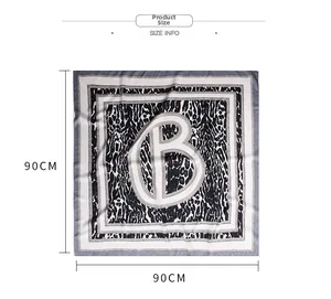 Detailed size chart of 90cm square silk scarf with leopard print and chain patterns