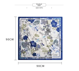Größenangaben für das 90 cm Seidenquadrat-Halstuch mit Vintage-Pflanzenmustern und blauem Rand