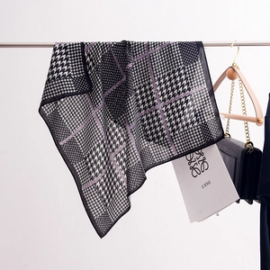 Classic Houndstooth Print Satin Square Scarf For Women Fashion Modern Lettering Polyester Neck Scarf Hair Wrap Head Accessory