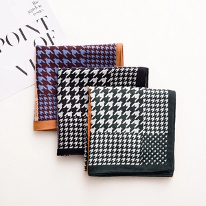 Three premium houndstooth check square scarves in black, blue and green with modern print