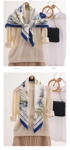 Detail eines Seidenschals mit Pflanzenmuster, gebunden in verschiedenen Stilen an Pullover