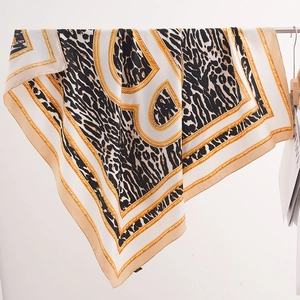 French vintage leopard print silk square scarf with golden chain geometric pattern