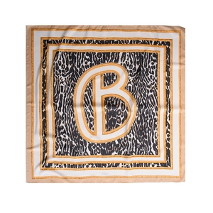 French retro square silk scarf with leopard print and gold chain border featuring letter B