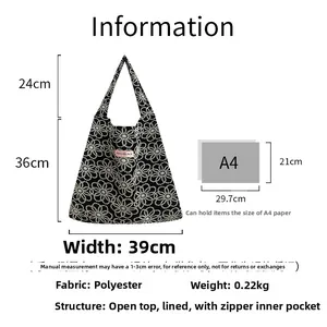 Tableau de dimensions du sac fourre-tout à fleurs avec capacité A4 et poche zippée