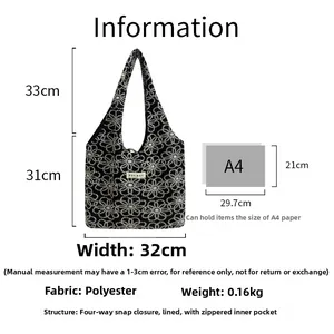 Size chart of black floral canvas tote showing 31x32cm dimensions and A4 capacity