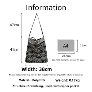 Detailed dimensions of black floral embroidered tote bag with A4 size capacity comparison