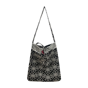 Floral embroidery black tote bag with white lace trim and drawstring for women
