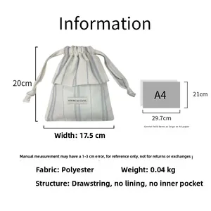 Size comparison of blue striped drawstring bag with A4 paper and product specifications