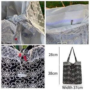 Sac fourre-tout en toile brodé de dentelle florale avec cordon et grande capacité