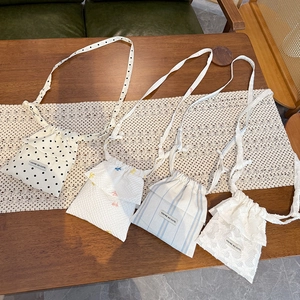 Women Polka Dot Bow Lace Ruffle Drawstring Bag Fashion Versatile Crossbody Pouch Polyester Handbag For Daily Walk