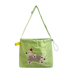 Sac bandoulière en toile à carreaux verts avec broderie chiot et bandoulière réglable