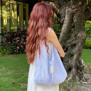 Détail du sac fourre-tout en toile à carreaux bleu et blanc avec étiquette latérale