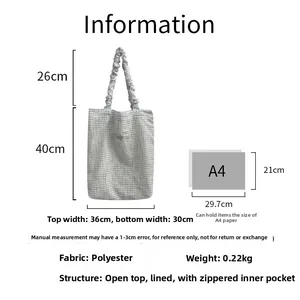 Detail showing blue plaid tote bag dimensions, 40cm height, polyester fabric and inner pocket