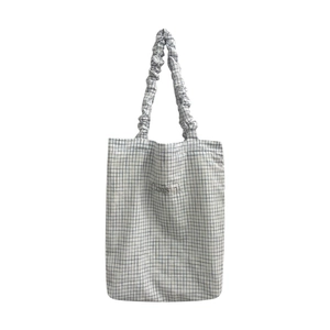 Korean style blue plaid tote bag with ruched cloud shoulder strap and Coisini embroidery