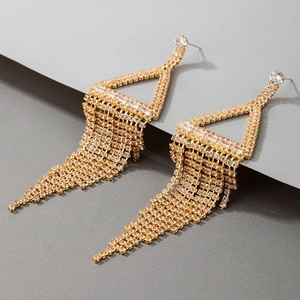 Macro shot of sparkling rhinestone fringe earrings with a geometric openwork design