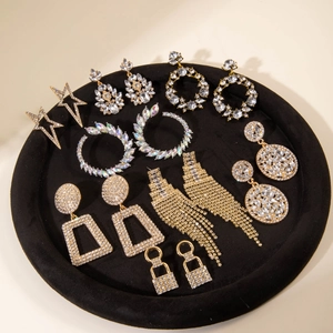 Geometric Hollow Out Alloy Rhinestone Drop Earrings With Stainless Steel Earring Post Sparkling Luxury Statement Jewelry For Women