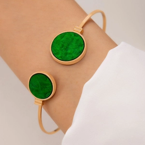 Minimalist gold alloy open bangle featuring round green marble resin stone insets