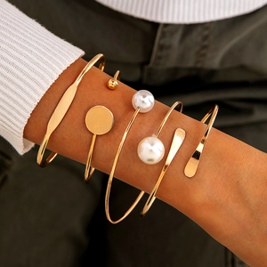 5-piece gold open bracelet set with faux pearls and geometric charms for women