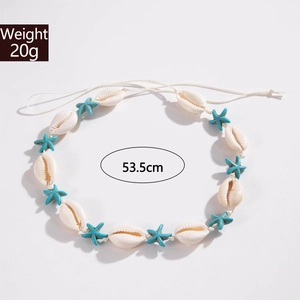 Detail showing shell and turquoise starfish beads necklace with 20g weight and 53.5cm length
