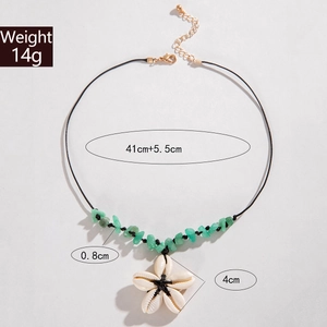 Detail view of shell flower pendant necklace with green stone beads and sizing dimensions